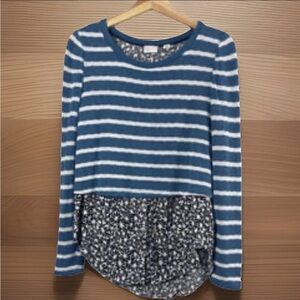 POSTMARK ANTHROPOLOGIE Sweater Medium Teal Stripe Floral Layer Twofer Split Back